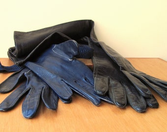 Real Kid Leather Long Black Gloves Silk Lining 18" & Blue Leather 11" Gloves Size 8 and 7 1/2 Formal Evening Womens Vintage Soft Supple