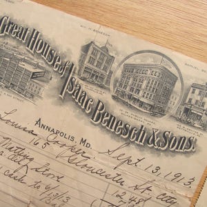 Store Receipts Invoice Bill Sale Paid Purchase Benesch House Annapolis Maryland Baltimore 1913 Certificates Stamp Paper Ephemera Arts Crafts