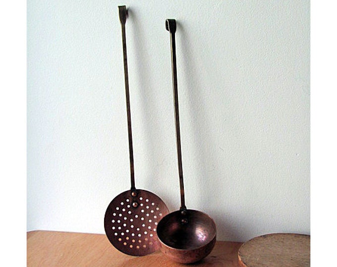 Copper and Brass Ladle and Strainer Skimmer Long Handle Original Set