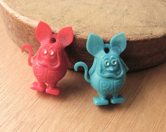 2 Rat Fink Toys Red Blue-Aqua Plastic Charm Prizes Miniature Rat Gum Ball Cracker Jack Hot Rod 1960s Collectible Playroom Key Chains Jewelry