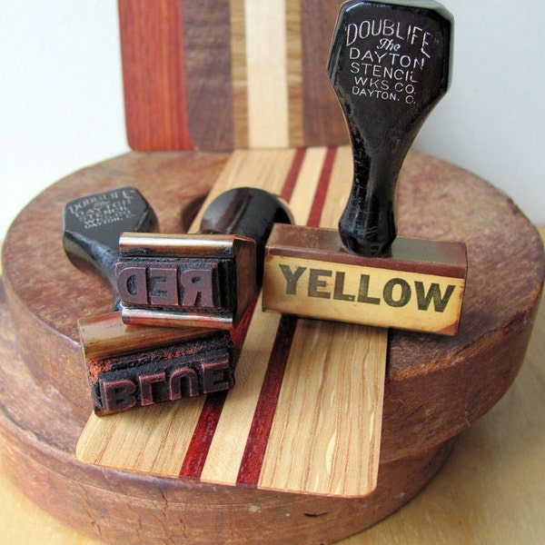 Rubber Stamps Red Blue Yellow with Marked Wooden Handle All One Price