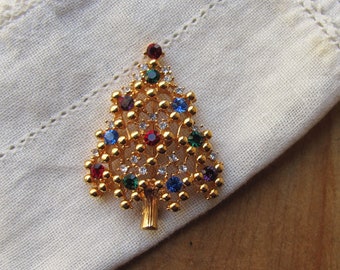 Eisenberg Ice Christmas Tree Pin Brooch Rhinestone Jewelry Gold Metal Tone Colored Stones Decorated Holiday Tree Dress Coat Jacket Vintage