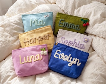 Personalized Makeup Bag, Sorority Rush Gift, Coquette Cosmetic Pouch, Bachelorette Sleepover Favor, Teen Girl Dorm, Custom Chenille Name