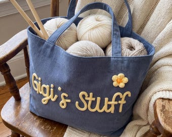 Personalized Knitting Bag, Custom Crochet Project Tote, Gigi Yarn Storage Purse, Chunky Yarn Name Mothers Day Gift for Grandma, Craft Bag