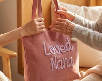 Personalized Mothers Day Gift for Grandma, Loved Nana Corduroy Tote Bag, Custom Chunky Yarn Name Purse, Nana Birthday Gift, Gigi Tote Bag