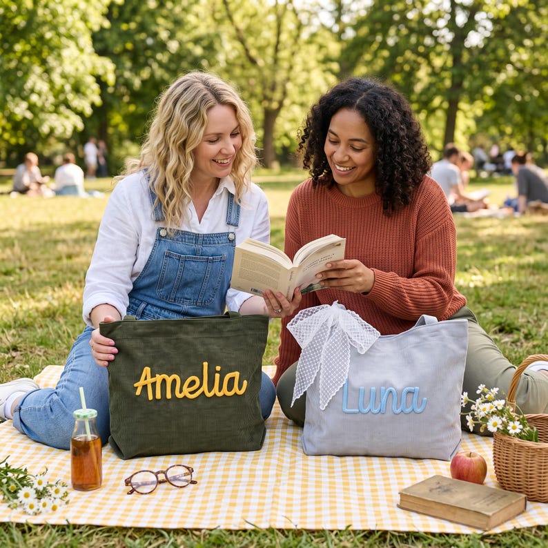 May include: Two rectangular tote bags made of fabric. One bag is olive green with the name Amelia in yellow script lettering. The other bag is light gray with the name Luna in light blue script lettering and a white polka dot ribbon bow attached.