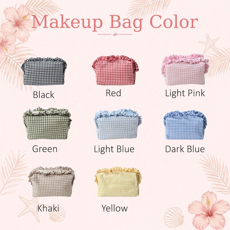 Puede incluir: Una colecci&oacute;n de ocho neceseres rectangulares con estampado de cuadros vichy y un borde superior con volantes. Los neceseres est&aacute;n disponibles en negro, rojo, rosa claro, verde, azul claro, azul oscuro, caqui y amarillo. El texto Makeup Bag Color aparece arriba.