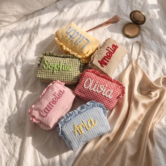 Personalized Ruffle Makeup Bag, Sorority Rush Gift, Custom Gingham Chenille Name Pouch, College Dorm Essentials, Coquette Sleepover Favor