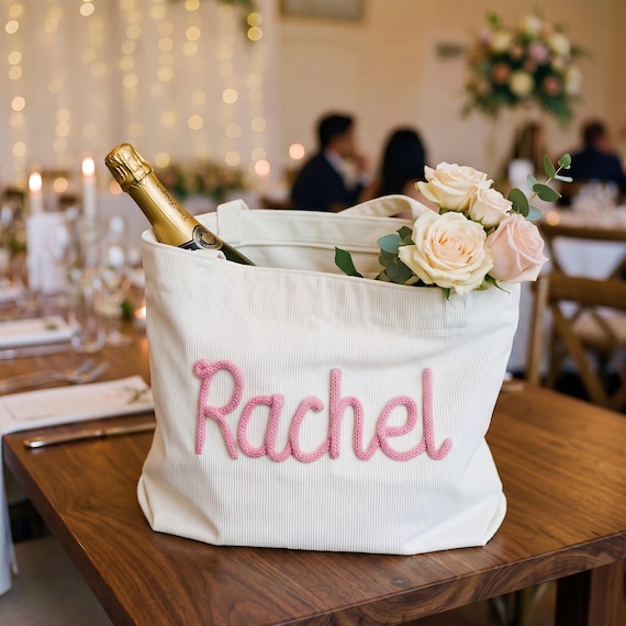 Personalized Corduroy Bridesmaid Tote with Chenille Name – Bridal Party Bag