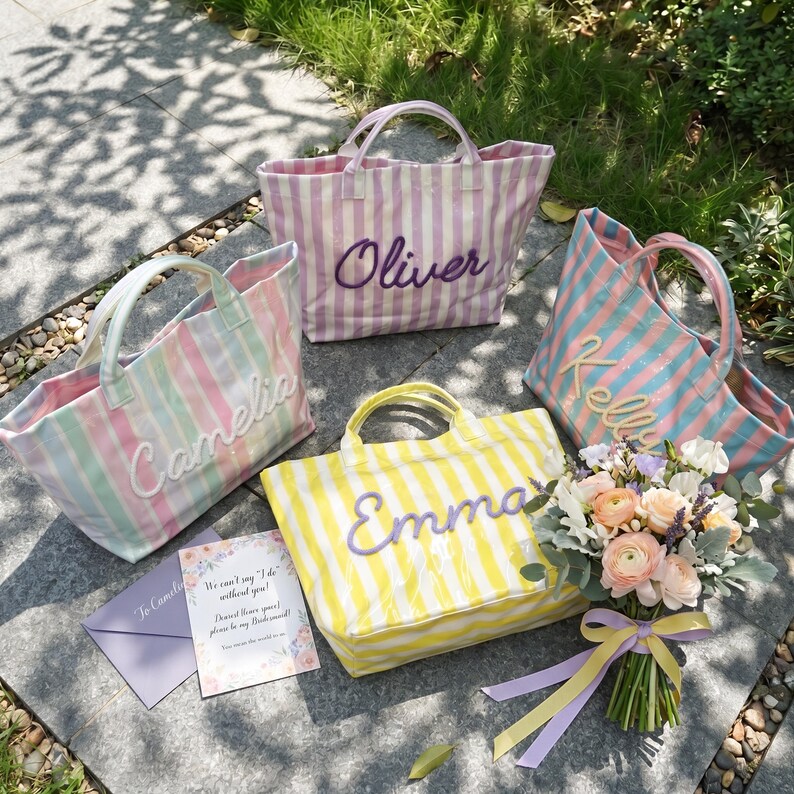 Personalized PVC Bag, Beach PVC Tote Bag, Jelly Tote Bag, Jelly Bags, Striped Tote Bag, Custom Name Tote, Kids Pool Tote Bag, Kids Swim Bag image 2