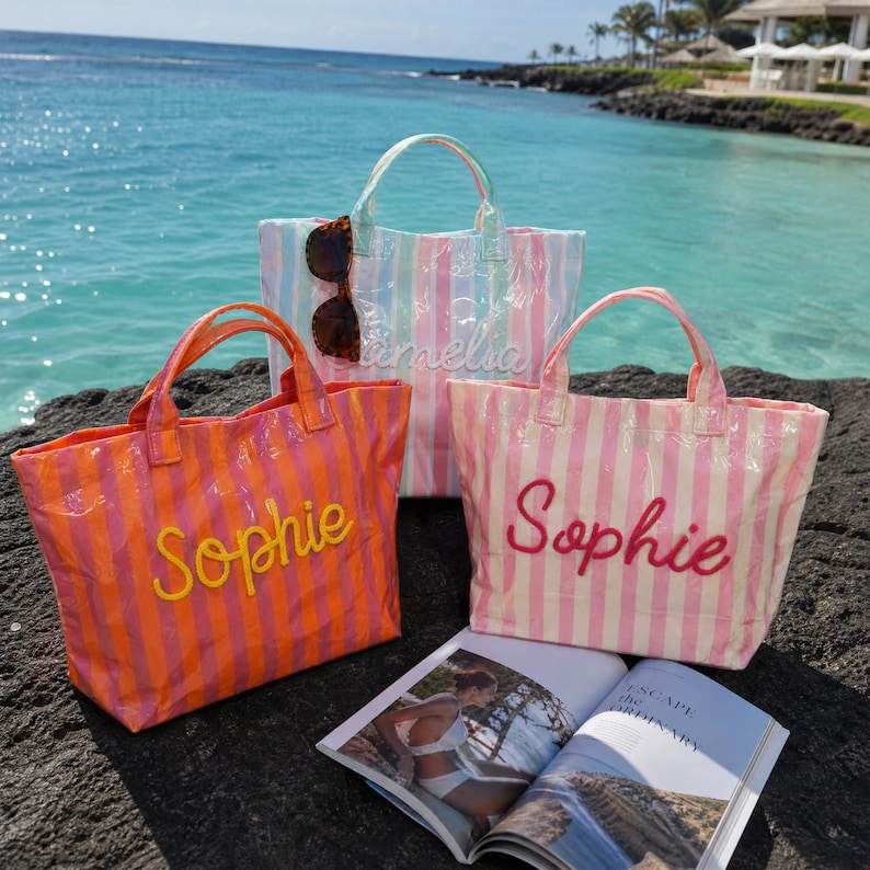 Personalized PVC Bag, Beach PVC Tote Bag, Jelly Tote Bag, Jelly Bags, Striped Tote Bag, Custom Name Tote, Kids Pool Tote Bag, Kids Swim Bag image 10