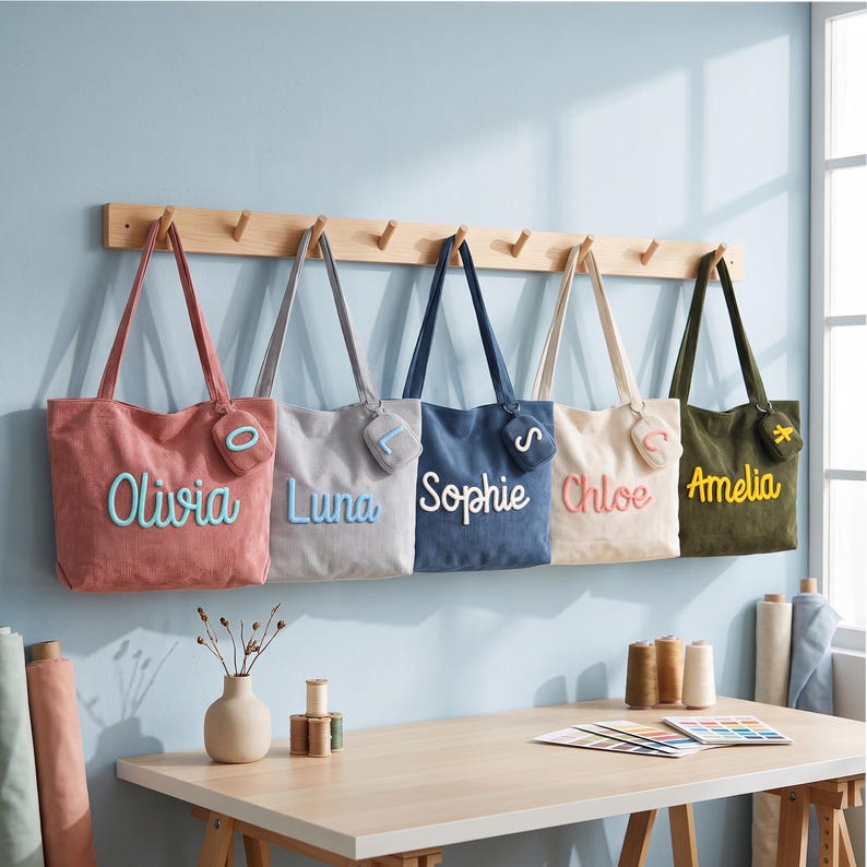 May include: Five corduroy tote bags in pink, gray, blue, cream, and olive green hanging on a wooden wall rack. Each bag features a personalized name in raised script lettering and a small matching coin pouch with a single embroidered letter.