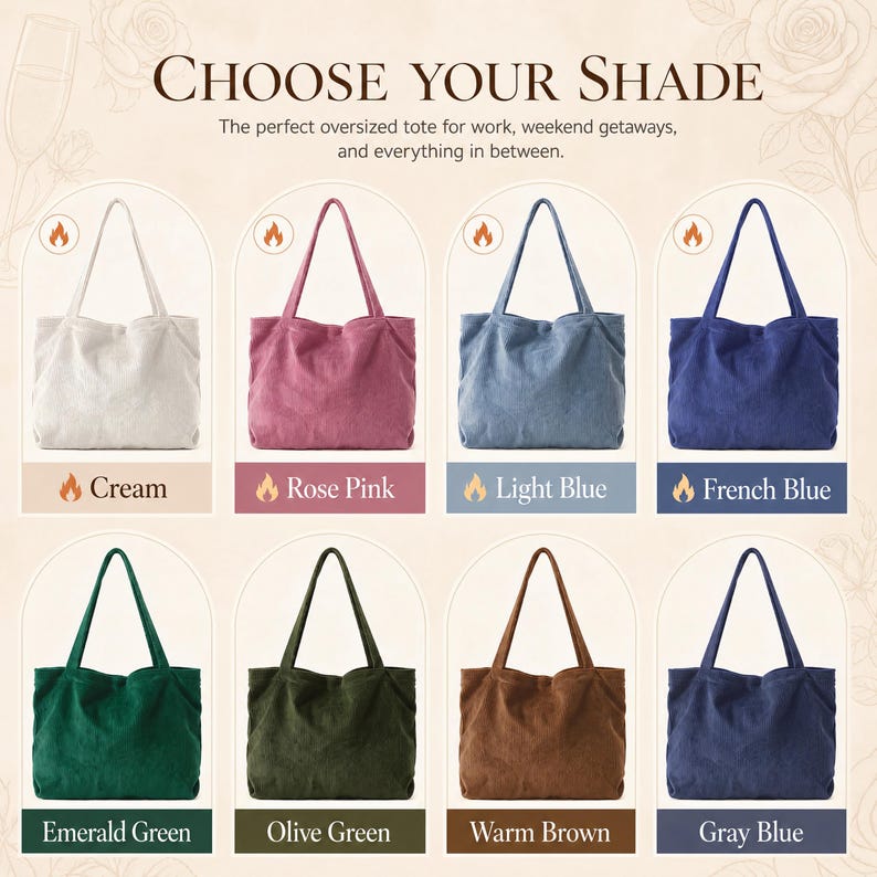 May include: Eight oversized tote bags arranged in two rows, each with two shoulder straps. Colors include cream, rose pink, light blue, french blue, emerald green, olive green, warm brown, and gray blue. Text reads CHOOSE YOUR SHADE.