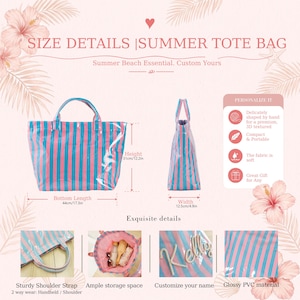 May include: A striped tote bag in pink and blue with two handles. Dimensions are 17.3 inches bottom length, 12.2 inches height, and 4.9 inches width. The bag features glossy PVC material, customizable name text, and an open interior storage space.