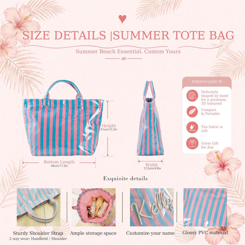 May include: A striped tote bag in pink and blue with two handles. Dimensions are 17.3 inches bottom length, 12.2 inches height, and 4.9 inches width. The bag features glossy PVC material, customizable name text, and an open interior storage space.