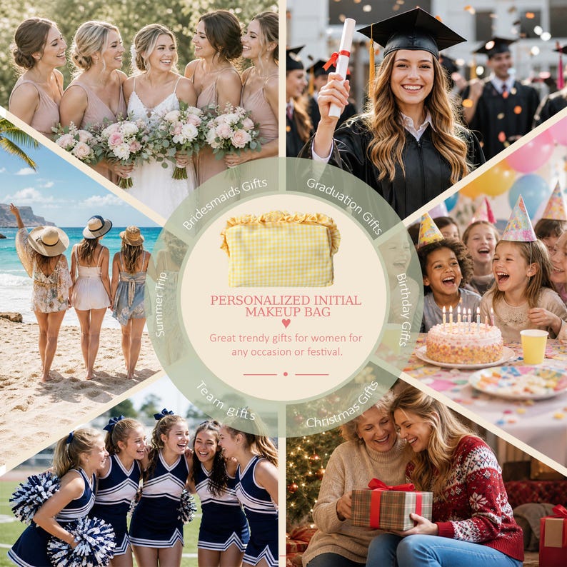 Puede incluir: Un neceser rectangular de cuadros vichy amarillos y blancos con un borde superior con volantes. El neceser est&aacute; centrado en un collage que muestra im&aacute;genes de damas de honor, una graduada, una playa, un cumplea&ntilde;os y regalos.