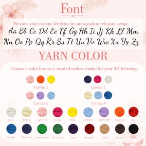 May include: A color and font selection chart featuring an alphabet in an elegant script font. Below, a yarn color guide displays four numbered combinations of three colors each, followed by a grid of twenty individual solid yarn color circles.