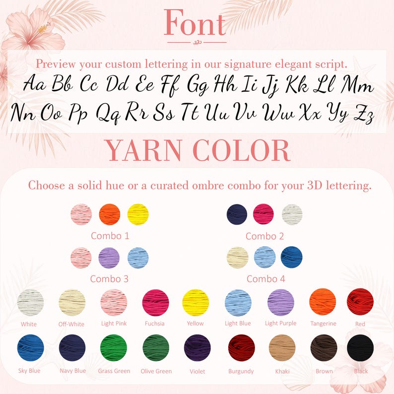 May include: A color and font selection chart featuring an alphabet in an elegant script font. Below, a yarn color guide displays four numbered combinations of three colors each, followed by a grid of twenty individual solid yarn color circles.