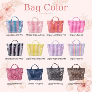May include: A collection of twelve tote bags arranged in three rows. The top two rows feature striped patterns in blue and pink, beige and pink, orange and pink, magenta, black and white, yellow and white, purple and white, and rainbow. The bottom row shows leopard prints in red, blue, gray, and brown. Each bag has two handles.