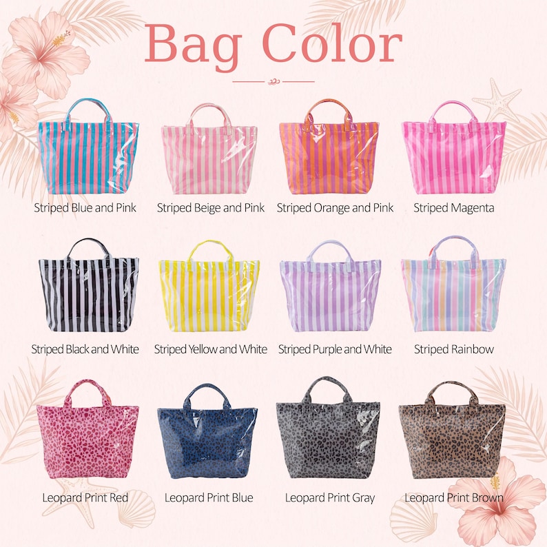 May include: A collection of twelve tote bags arranged in three rows. The top two rows feature striped patterns in blue and pink, beige and pink, orange and pink, magenta, black and white, yellow and white, purple and white, and rainbow. The bottom row shows leopard prints in red, blue, gray, and brown. Each bag has two handles.