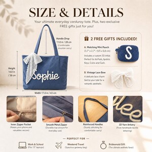 May include: A blue corduroy tote bag with the name Sophie in white 3D lettering and a white lace bow. It measures 14.0 inches high by 17.0 inches wide with an 11.0 inch handle drop. Includes a matching 3.7 by 2.7 inch mini pouch with an initial.