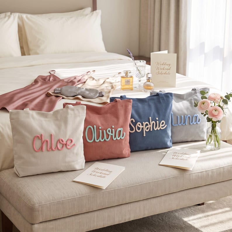 May include: Four canvas tote bags in cream, dusty rose, blue, and gray, each featuring a name in raised script lettering: Chloe, Olivia, Sophie, and Luna. The bags are arranged on a bench with wedding weekend schedule cards and perfume bottles.