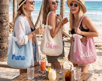 Personalized Crochet Beach Bag, Girls Trip Tote Bag, Custom Chenille Name, Soft Slouchy Hobo Purse, Chenille Tote Bag, Girls Trip Beach Bag