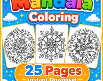 Floral Mandala Coloring Book for Kids, 20 Printable Bold Mandala Pages, Fun Pattern Activity, A4 PDF Instant Download, Kids Gift