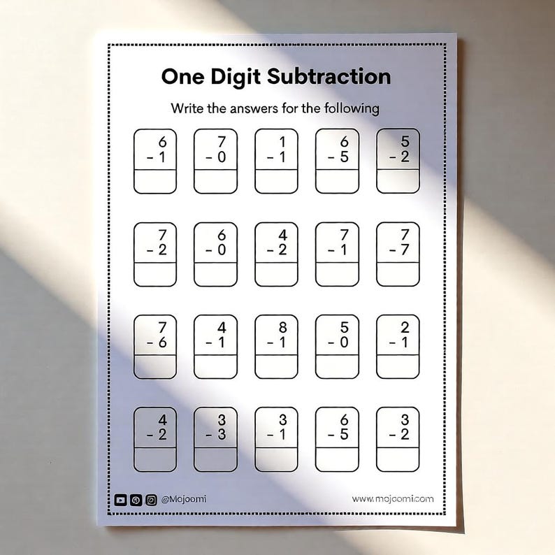 May include: A white educational worksheet titled One Digit Subtraction with the instruction Write the answers for the following. It features twenty rectangular boxes containing single-digit subtraction problems arranged in four rows and five columns.