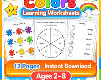 Colors Learning Worksheets for Kids, 12 Printable Primary Secondary Color Tracing Activity Pages, Preschool Learning,  PDF Instant Download