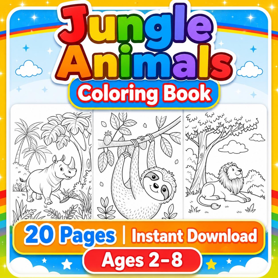 Jungle Animal Coloring Book for Kids Printable, 20 Pages Safari ...