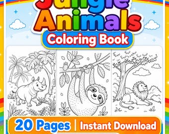 Jungle Animal Coloring Book for Kids Printable, 20 Pages Safari Rainforest Animal Coloring Pages, Wildlife PDF, Digital Download