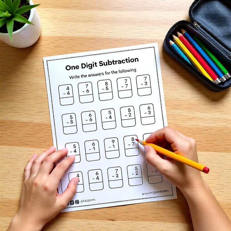 One digit subtraction worksheet with math problems and single digit numbers for kids printable activity