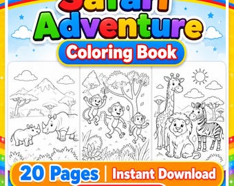 Safari Animals Coloring Book for Kids Printable, 20 Pages Lion Elephant Giraffe Zebra Coloring Pages, African Wildlife PDF, Digital Download