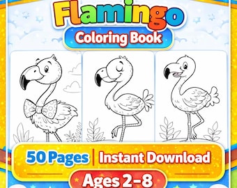 Flamingo Malbuch für Kinder, 50 druckbare Seiten über süße Vögel, Tropische Tiere, A4 PDF Sofort-Download, Geschenk für Mädchen