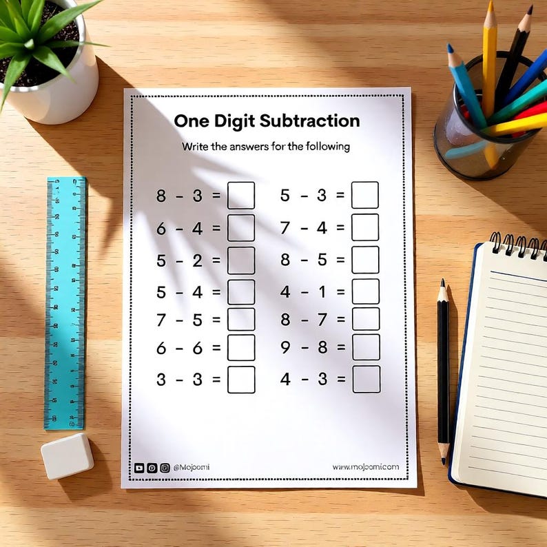One digit subtraction worksheet with single digit equations and write the answers instruction for children