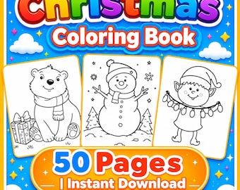 Libro para colorear de Navidad de invierno para niños, 50 páginas festivas imprimibles, actividad de Papá Noel, muñeco de nieve y renos, descarga instantánea en PDF tamaño A4, regalo