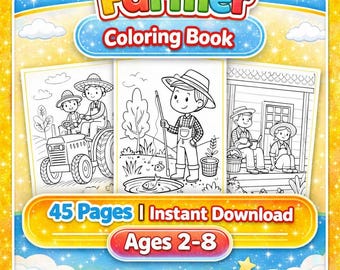 Libro para colorear de granjeros, 45 páginas imprimibles, actividad infantil sobre animales de granja, descarga instantánea en PDF.