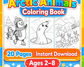 Arctic Animals Coloring Book for Kids Printable, 20 Pages Polar Bear Penguin Seal Coloring Pages, Winter Wildlife PDF, Digital Download Gift