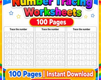 Werkbladen voor het traceren van cijfers voor peuters en kleuters, 100 afdrukbare oefenpagina's voor het schrijven van getallen, vroege wiskundige activiteit, direct downloaden