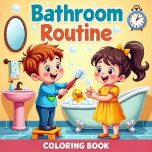 Pode incluir: Ilustração colorida para um livro de colorir infantil intitulado "Bathroom Routine". A imagem apresenta duas crianças de desenho animado, um menino escovando os dentes e uma menina perto de uma banheira com um patinho de borracha. O fundo inclui acessórios de banheiro.