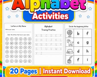 Alphabet-Aktivitäten für Kinder, 20 druckbare Arbeitsblätter zur Nachverfolgung und Schreiben von Buchstaben, Vorschul-Lernaktivität, sofortiger Download