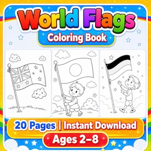 May include: A World Flags Coloring Book with 20 pages for ages 2-8. The cover features three black and white line art illustrations of children holding flags, including the New Zealand flag, a blank flag, and a tricolor flag, with stars and clouds.