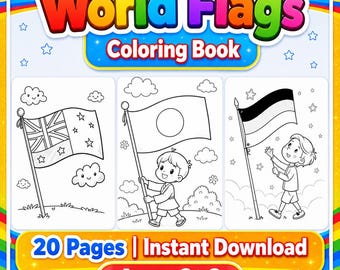 World Flags Coloring Book for Kids, 20 Printable Country Flag Pages, Geography Educational Activity, A4 PDF Instant Download, Kids Gift
