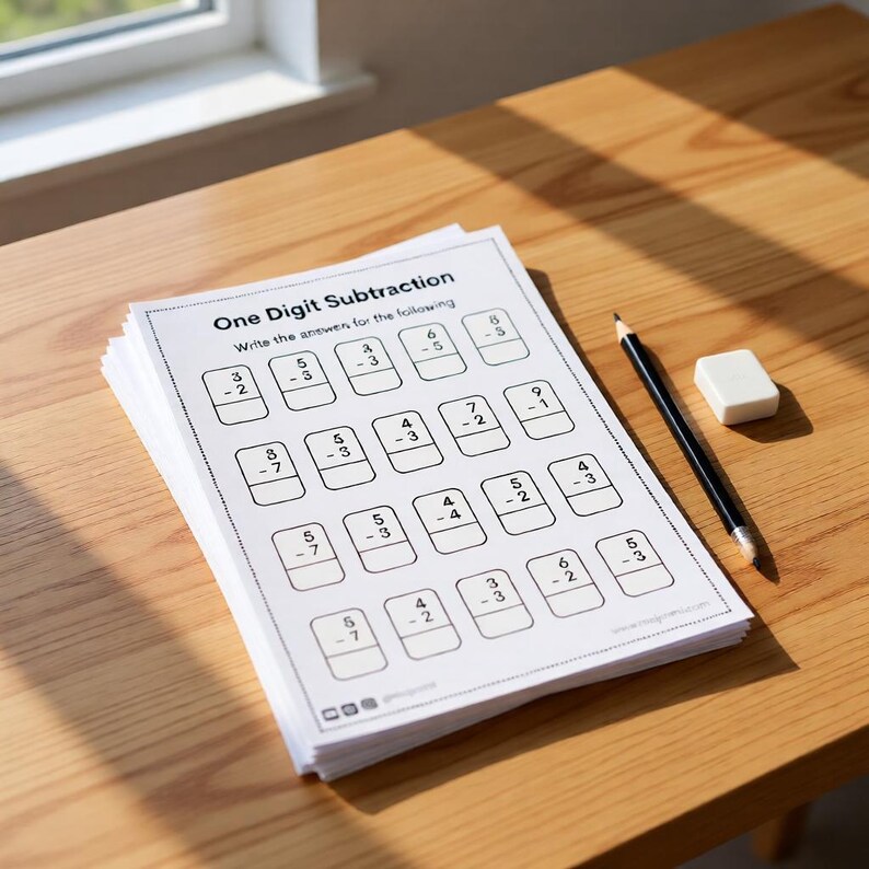 One digit subtraction worksheet with sums arranged in a grid and space below for answers for kids