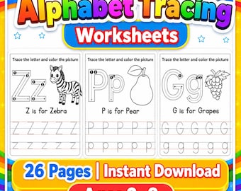 Alphabet Tracing Worksheets for Kids, 26 Printable Uppercase Lowercase Letter Practice Pages, Preschool Handwriting Activity
