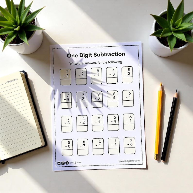 One digit subtraction worksheet with problems arranged in grid format with rectangular boxes for children