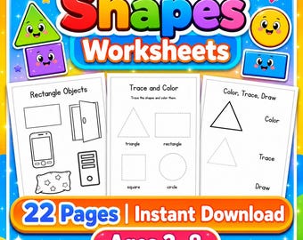 Shapes Worksheets for Kids, 22 Printable Preschool Shape Tracing Pages, Matching Counting Activity, A4 PDF Instant Download