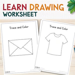 Puede incluir: Dos hojas de trabajo blancas con el texto "Learn Drawing Worksheet" en la parte superior. Las hojas de trabajo tienen el texto "Trace and Color" y presentan un contorno punteado de un sobre y una camiseta para trazar y colorear.