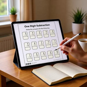 One digit subtraction worksheet with single digit numbers and write the answers instruction for children